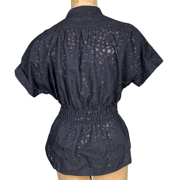 Attention Button Front Short Sleeve Cinch Waist Top Sz S/M Black Semi Sheer 333K - Picture 4 of 11